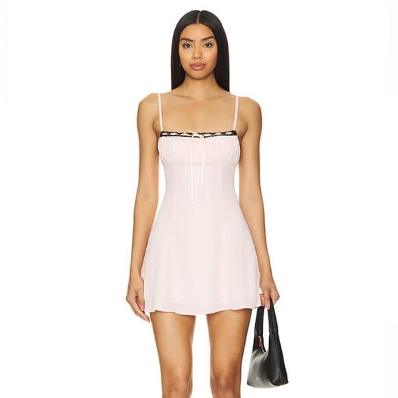 More To Come Mallory Mini Dress in Baby Pink chiffon ribbon tie slip Revolve - Picture 1 of 10